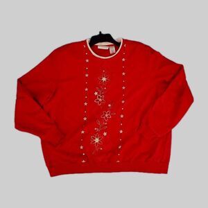 Vintage Holiday Sweatshirt Lg Womens Poinsettia Grandma Embroidery Ungly Sweater